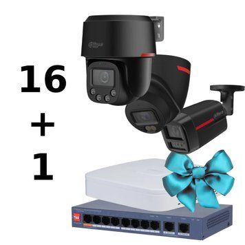 Комплект видеонаблюдения Dahua WIZCOLOR KIT 16+1 (5 Мп, 2.8 мм), PoE, IP67, Черный 99-10033829 фото